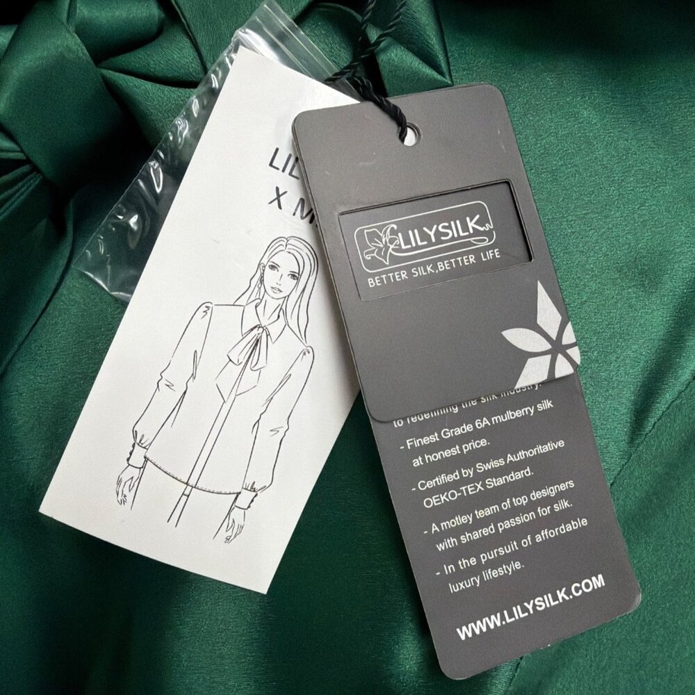 LilySilk Womens Green Mulberry Silk Bow-Tie Blouse Satin Button Cuffs Sz M - Picture 8 of 12